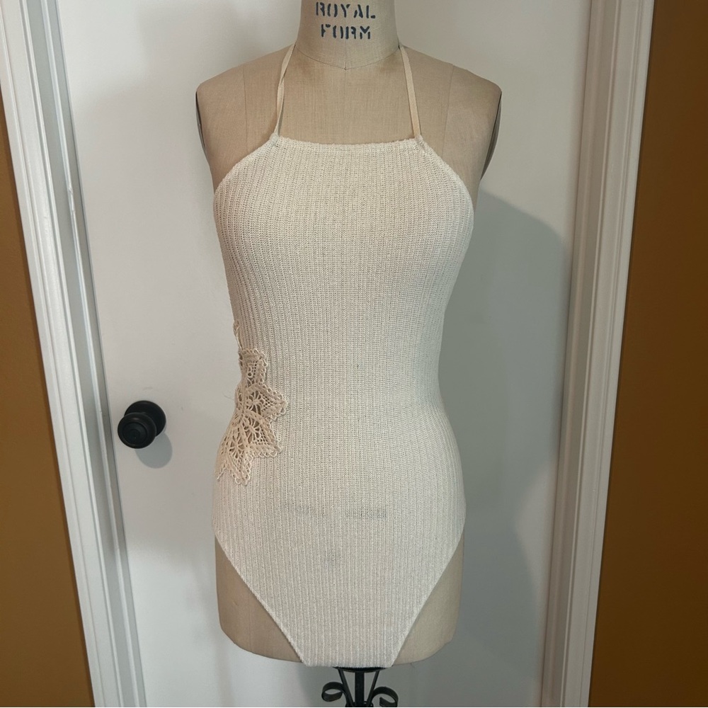 Zara Cream Halter Bodysuit with Lace Detail